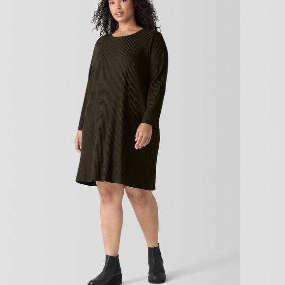 Eileen Fisher Textured Stretch Rib Crew Neck Dress - Picture 1 of 13